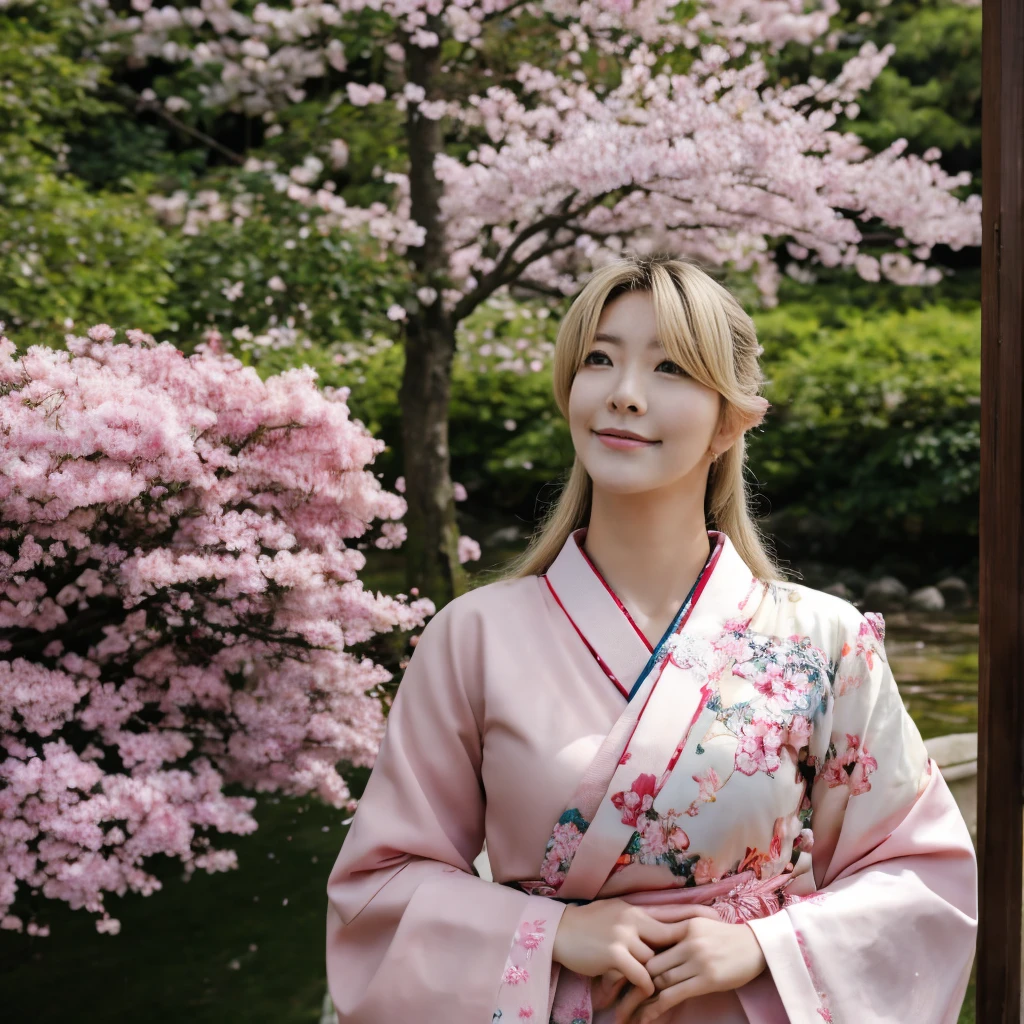 teenage girl, wearing Japanese clothes, Japanese garden in spring, The cherry blossoms have bloomed, big breasts, , looking up, profile, cowboy shot, blonde, movie lighting effects, wearing a kimono, Cherry blossoms are scattered, old Japanese hairstyle, sparkling eyes, blush, shy, red lips, , The wind is blowing, Hair blown by the wind, Make a smile with your fingers, Combing hair with your hands