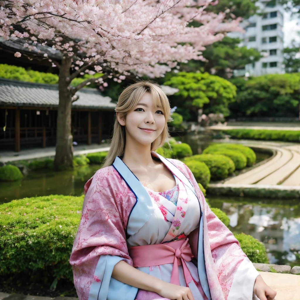 teenage girl, wearing Japanese clothes, Japanese garden in spring, The cherry blossoms have bloomed, big breasts, , looking up, profile, cowboy shot, blonde, movie lighting effects, wearing a kimono, Cherry blossoms are scattered, old Japanese hairstyle, sparkling eyes, blush, shy, red lips, , The wind is blowing, Hair blown by the wind, Make a smile with your fingers, Combing hair with your hands