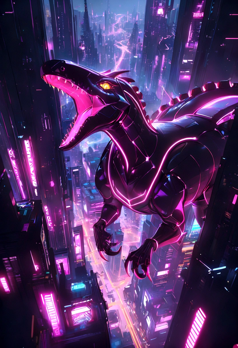 Pink Dinosaur, glowneon, emits light and sparks, amazing quality, masterpiece, yellow eyes, Cyberpunk city,