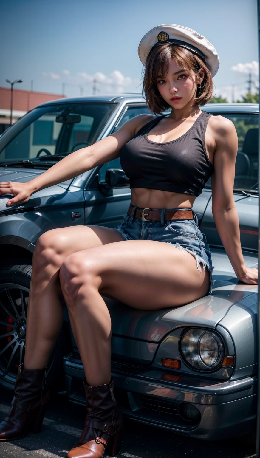 Best Quality, hight resolution, shoot from below, a tomboy fighter, very tall girl, huge giantess girl and a tiny man stand beside her, muscular, tough girl, abs, biceps, fierce looks, red eyes, pixie short hair with a white pilot hat, white denim Vest, open vest, Black tank top, white short jeans, army boots, huge giantess girl sitting crossed legs on a car roof, long legs, thick thicc, full body pictures, perspective from below, and a guy height to her waist