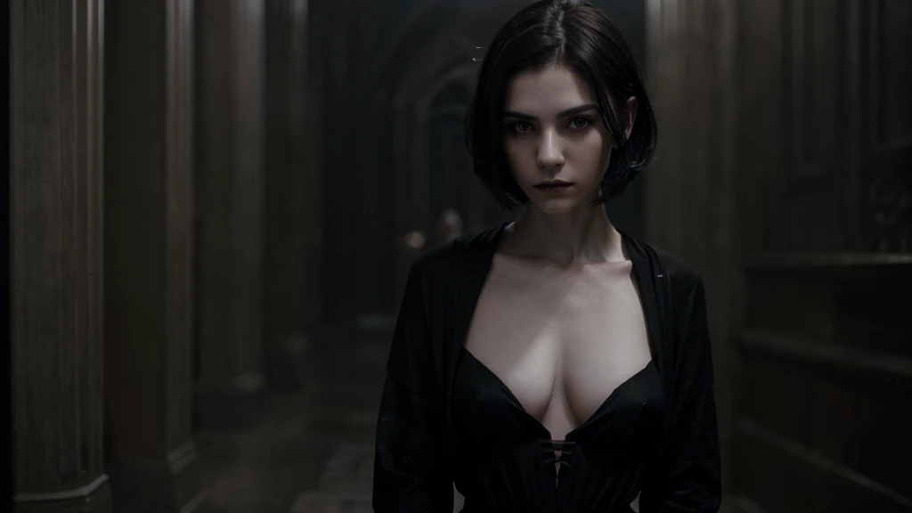 (high quality: 1.3), Cinematic shots, masterpiece, (Sharp focus: 1.5), (Realistic: 1.3), Medium portrait (Beautiful young vampire woman, Pale skin, Gothic, Still proud、intense, Straight black short bob hair, Dark look, Wearing a very finely crafted dark tunic, Dark atmosphere, but、Sculpting shapes with sharp chiaroscuro), It's night, (Highly detailed skin), (Detailed face), Detailed Background, Dim lighting, dusk lighting, Volumetric lighting, Intricate details, Ultra-high resolution,