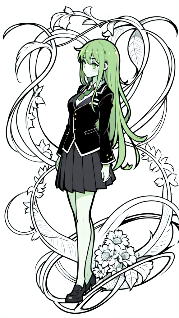 1girl,20s,adult,mature female, alraune,green hair,long hair,flower, vines on body,(greenskin),necktie,black jacket, blazer,long sleeves, skirt,pleated skirt,((upper body)),(white background,line drawing)