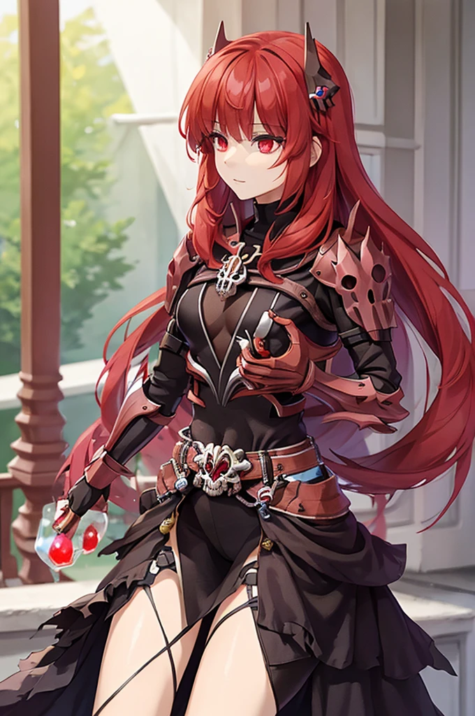 score_9, score_8_up, score_7_up, score_6_up, score_5_up, score_4_up, source_アニメ, tomboy girl, long hair, Bust Cup B , open-chest outfit, Guillotine Cross Set, breastplate, waist armor, Armor, red hair, metal hair accessories, red eyes, Sparkling eyes, Make Potions, ขายยา Potions, His right hand holds a vial of Potions. , Potions glass bottle, skull shape, clear glass, crystal Potions, clear red, light particles, Magical light