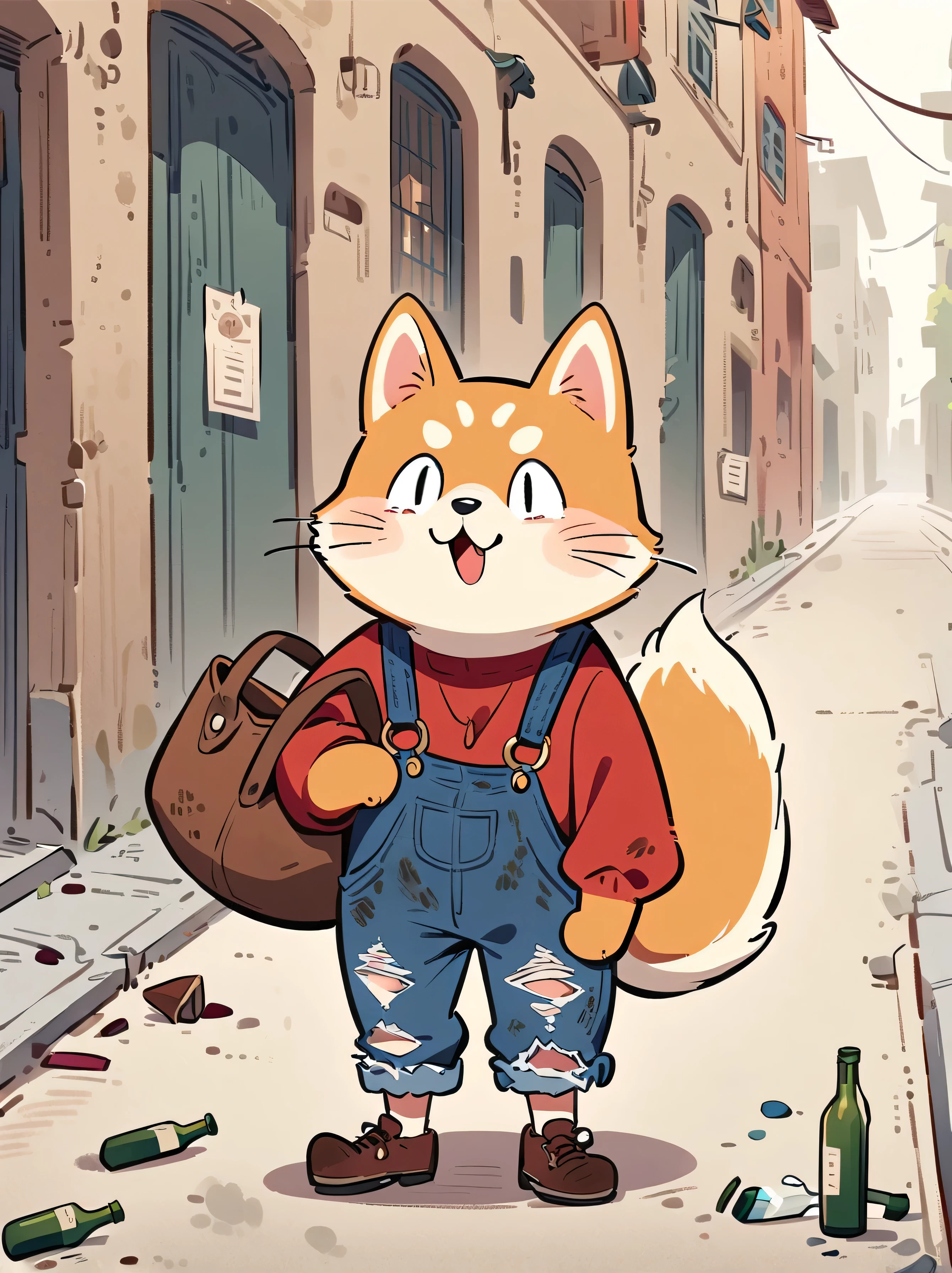 Cartoon illustration,simple,Depicts an anthropomorphic Shiba Inu,dirty,Dull eyes,listless,Discomfort,decadent,Exaggerated expression,Loose-fitting ripped denim overalls,Red Top,Shabby leather shoes,Carry a large bag,Walk on empty streets,There are lots of broken bottles around,Dirty environment,Correct human anatomy