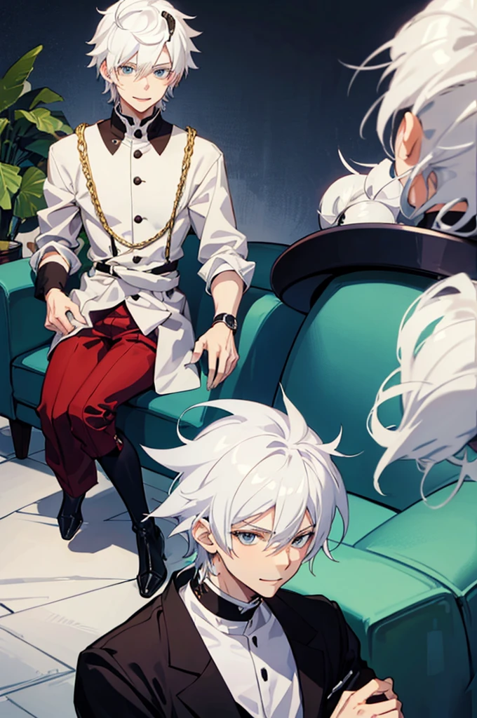 25 years old anime man with white hair, sitting on a couch, laughing 