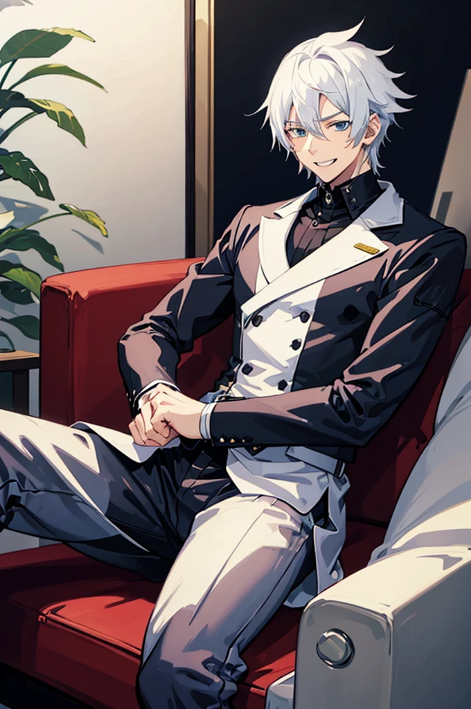 25 years old anime man with white hair, sitting on a couch, laughing