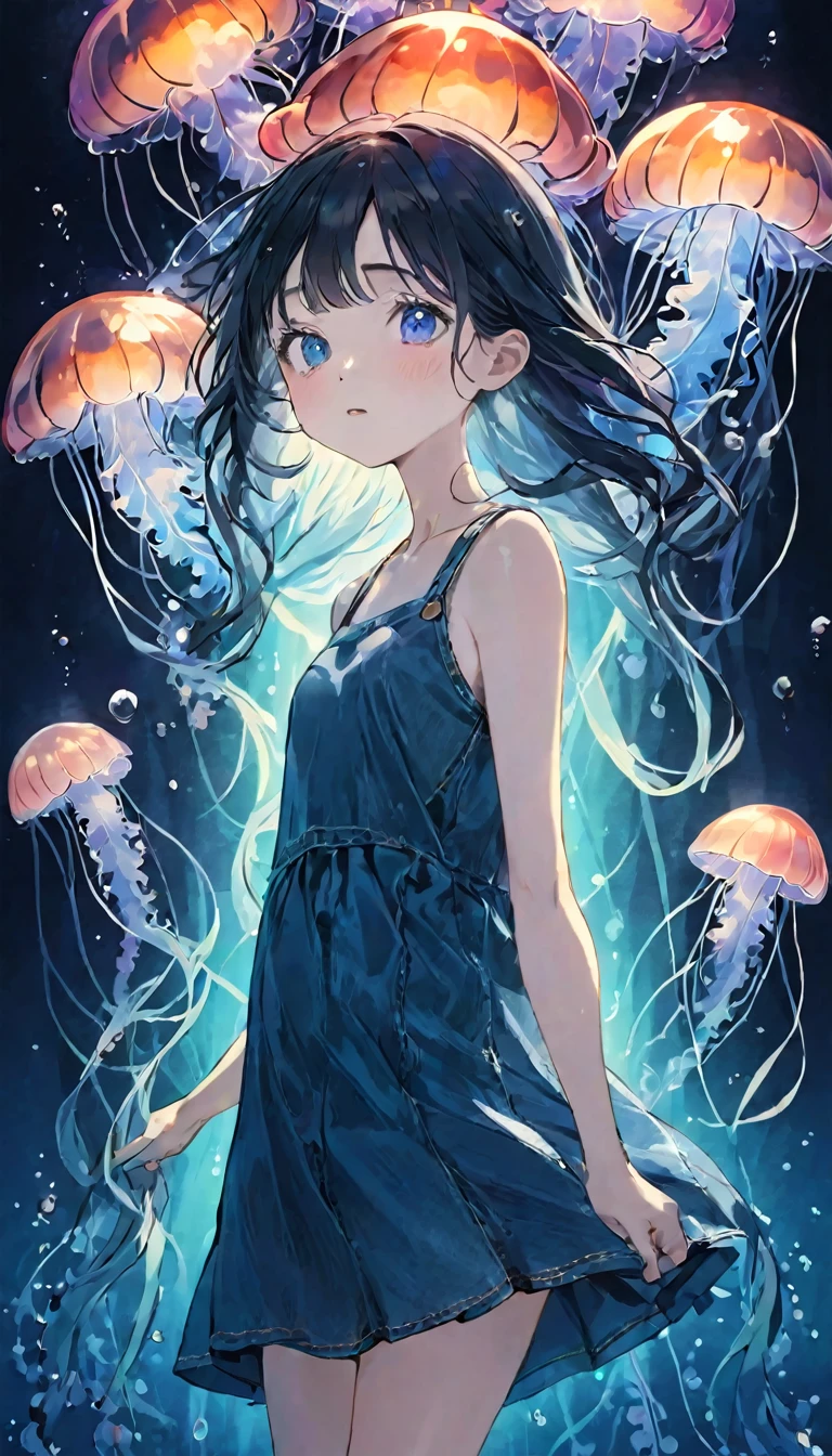 finely detailed illustration, best quality, masterpiece, vibrant color,High resolution、8k、Pitch blackの静寂を演出、Wallpaper Art、Very detailed_face_eye、sharp focus on eyes, 非常に繊細なfaceと肌の質感、Woman looking around、pretty girl、14 years old、camisole、denim hot skirt、Jellyfish floating in the air、Blue glowing jellyfish、Fluorescent jellyfish、Mystical Expressions、Synaptic vesicles、Neuron、Pitch black、The only light source is a jellyfish、
