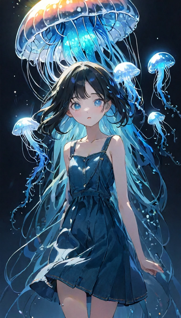 finely detailed illustration, best quality, masterpiece, vibrant color,High resolution、8k、Pitch blackの静寂を演出、Wallpaper Art、Very detailed_face_eye、sharp focus on eyes, 非常に繊細なfaceと肌の質感、Woman looking around、pretty girl、14 years old、camisole、denim hot skirt、Jellyfish floating in the air、Blue glowing jellyfish、Fluorescent jellyfish、Mystical Expressions、Synaptic vesicles、Neuron、Pitch black、The only light source is a jellyfish、