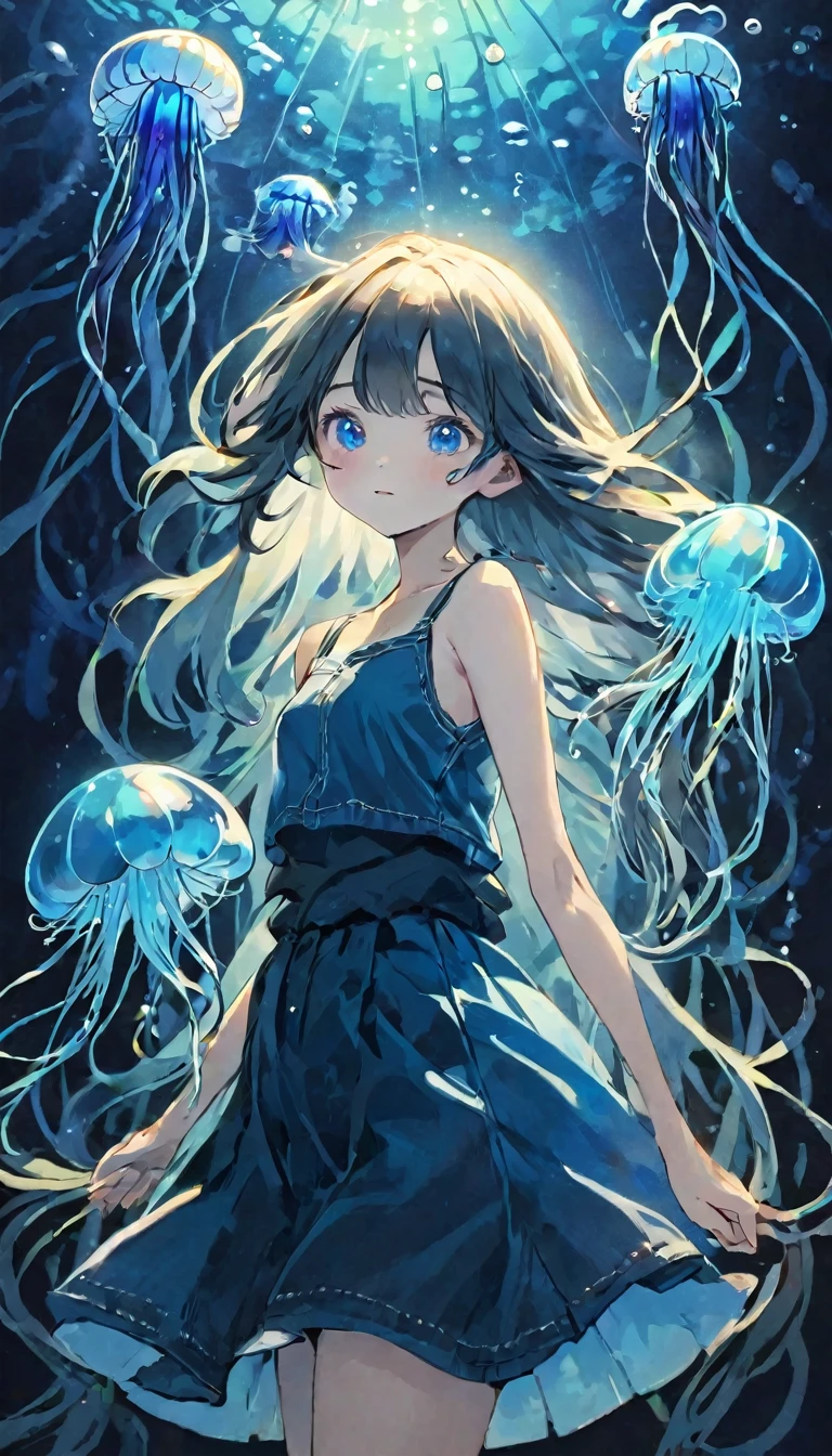 finely detailed illustration, best quality, masterpiece, vibrant color,High resolution、8k、Pitch blackの静寂を演出、Wallpaper Art、Very detailed_face_eye、sharp focus on eyes, 非常に繊細なfaceと肌の質感、Woman looking around、pretty girl、14 years old、camisole、denim hot skirt、Jellyfish floating in the air、Blue glowing jellyfish、Fluorescent jellyfish、Mystical Expressions、Synaptic vesicles、Neuron、Pitch black、The only light source is a jellyfish、