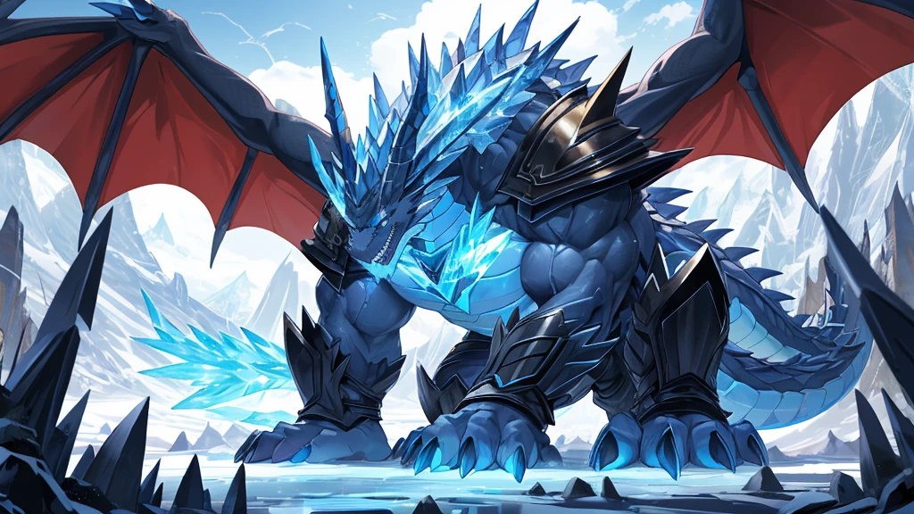 (The tyrannical and powerful Ice Dragon King，Black and gold armor with a sense of technology：2)，(Large dragon body，Huge size，Majestic wingspan，Sharp thorns，Huge dragon claw，Huge paws，Thick dragon tail，Huge muscles，The huge ice dragon king：2)，Strong physique，(Blue ice flame，Get on all fours：2)，Brutal Behemoth，war，glacier，Ice Dragon，Overwhelming presence，Full body picture，Very detailed，4k HD，HD Wallpapers