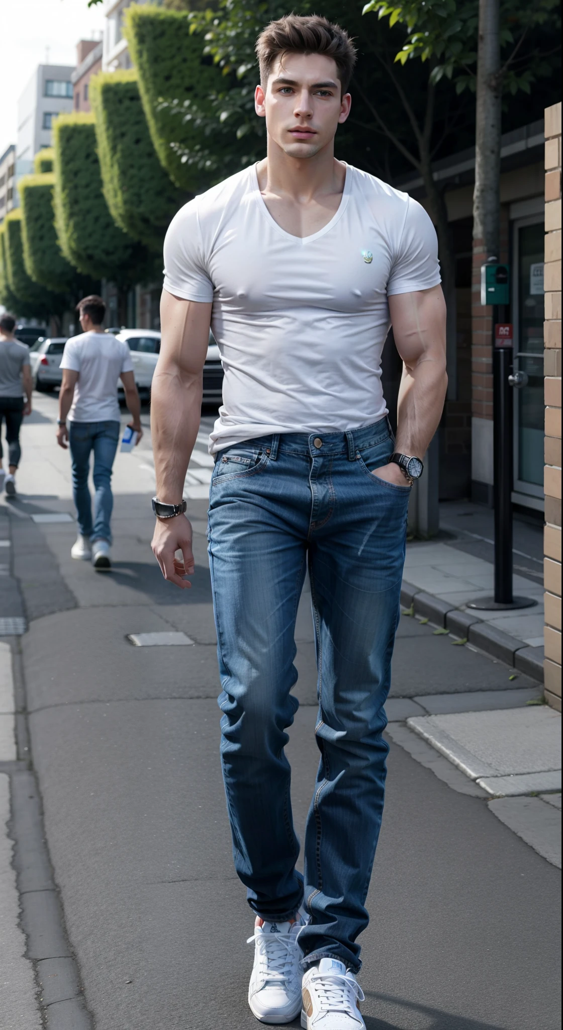 high resolution image of a man alone, super muscular, white-skinned, showing full body, flat hair, muscular arms, wearing a black V-neck t-shirt, wearing long blue jeans, in muscular body, wearing white sneakers, wearing silver Rolex watch, using white, walking down the street in the blurred background, With Sun, holding men's briefcase, looking at camera, perfect italian style face, fine nose, squared chin, barba, pink mouth lips, cloused mouth, well-defined eyes with blue iris, muscular legs, 8K ultra resolution.