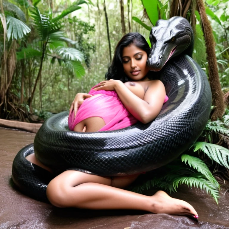 Pregnant Topless pink thong wearing aroused horny beautiful happy young Indian girl vs Giant colossal black anaconda monster wrapped around her body squeezing her in coiled embrace cuddling and kissing sexual erotic bestiality sex realistic in the rainforest full body, best quality wet