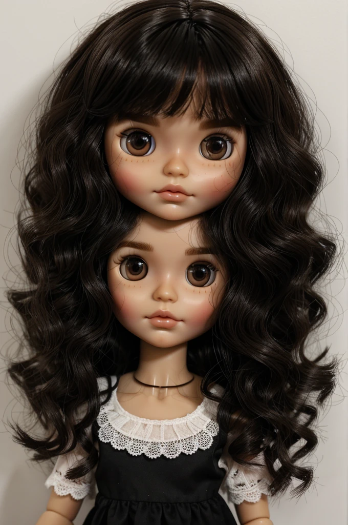 blythe doll with black wavy hair, brunette and dark brown eyes