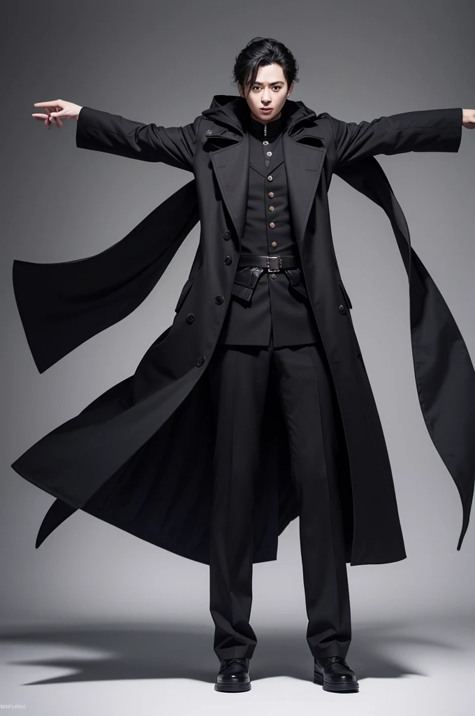 Character standing with arms open and extended, wearing a long black coat