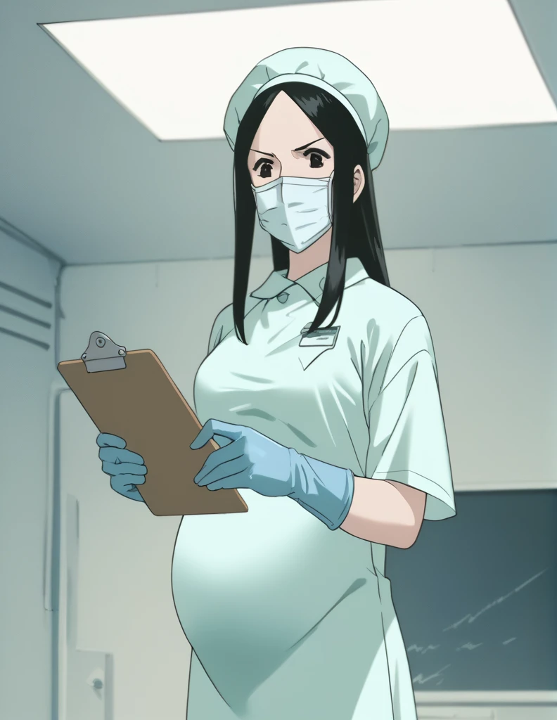 Score_9, Score_8_up, Score_7_up, source_anime, Kasuga no Rei, shy eyes, pale skin, hair collected in a surgical cap, scrubs, long surgical gown, surgical mask, surgical cap,
1 girl, pregnant, solo, rubber gloves, clipboard, looking down, frowning, privacy screen hospital bed standing