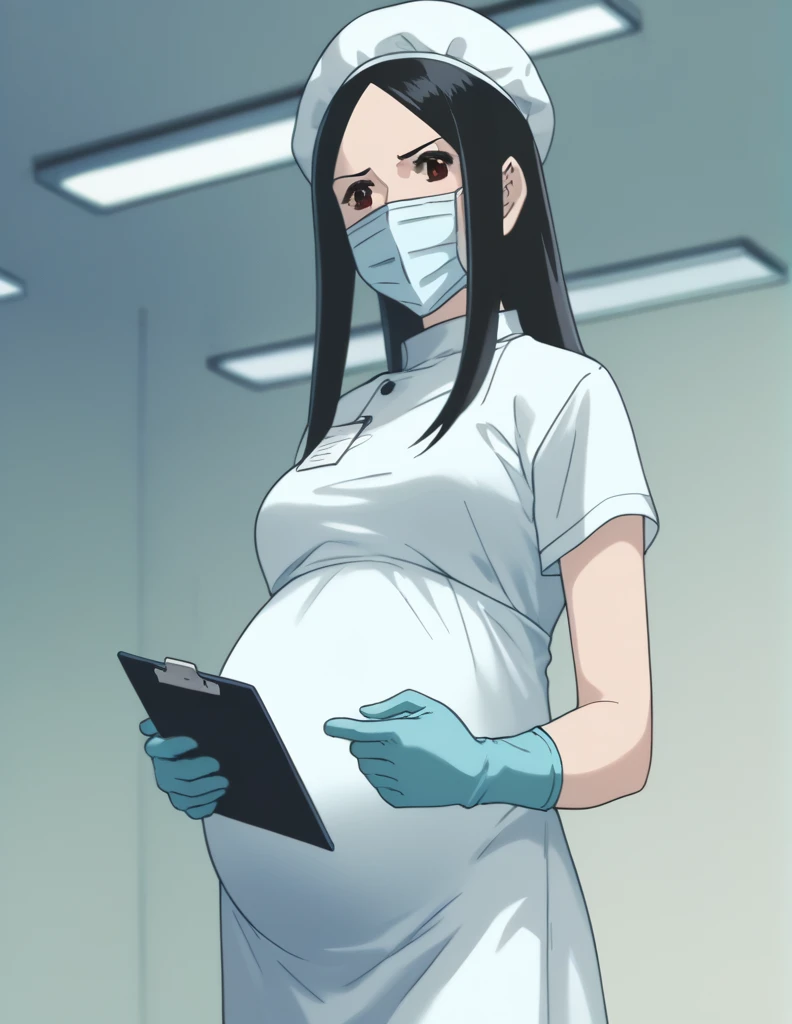 Score_9, Score_8_up, Score_7_up, source_anime, Kasuga no Rei, shy eyes, pale skin, hair collected in a surgical cap, scrubs, long surgical gown, surgical mask, surgical cap,
1 girl, pregnant, solo, rubber gloves, clipboard, looking down, frowning, privacy screen hospital bed standing