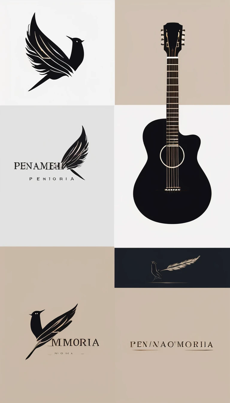 A minimal, modern, simple, cinematic logotype for the brand “Penamemoria". The logotype must be a simple, magical feather and a boy playing acoustic guitar. The logo must convey a sense of music, stories and dreams. Logo design impressed on a book cover. Minimalistic logo