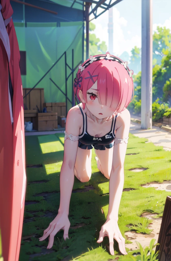 crawl on all fours、crawl on all fours、swimsuit、Cute Swimsuit、Random erotic poses、、Pink Hair、hair over one eye、short hair、、Pale red eyes、Blushing、lipstick、Perfect hands、Detailed hands、Poolサイド、Pool、one-piece swimsuit, strap slip、backwards、、backwards