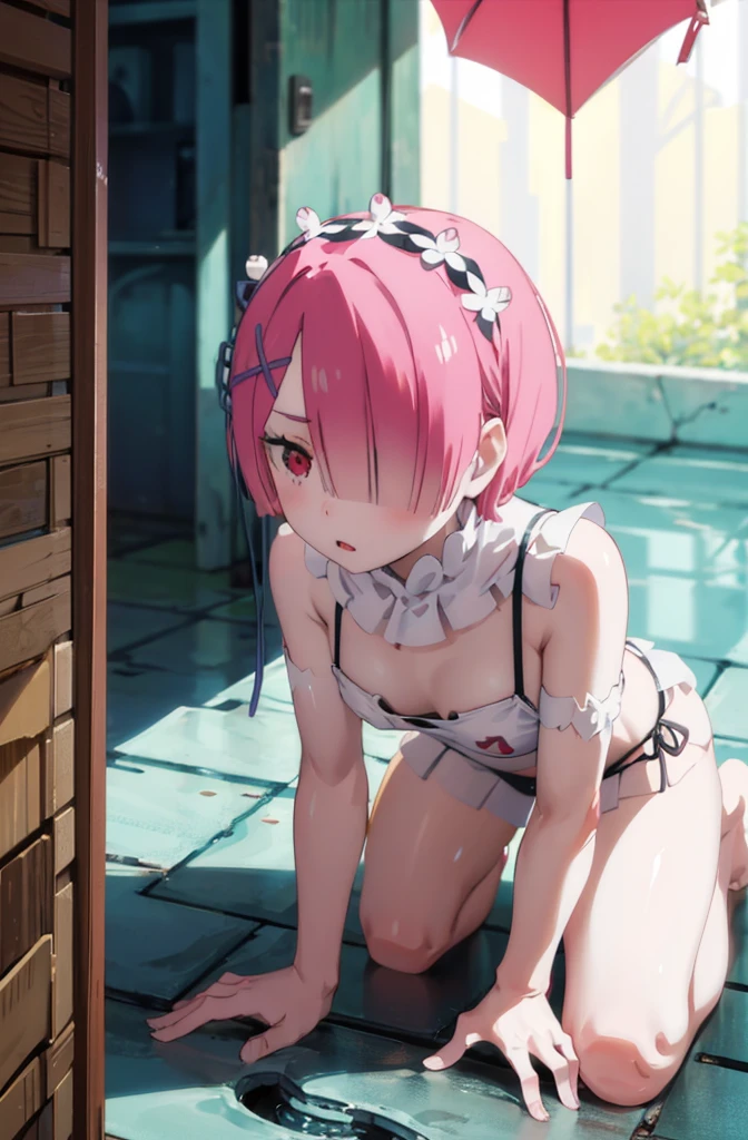 crawl on all fours、crawl on all fours、swimsuit、Cute Swimsuit、Random erotic poses、、Pink Hair、hair over one eye、short hair、、Pale red eyes、Blushing、lipstick、Perfect hands、Detailed hands、Poolサイド、Pool、one-piece swimsuit, strap slip、backwards、、backwards