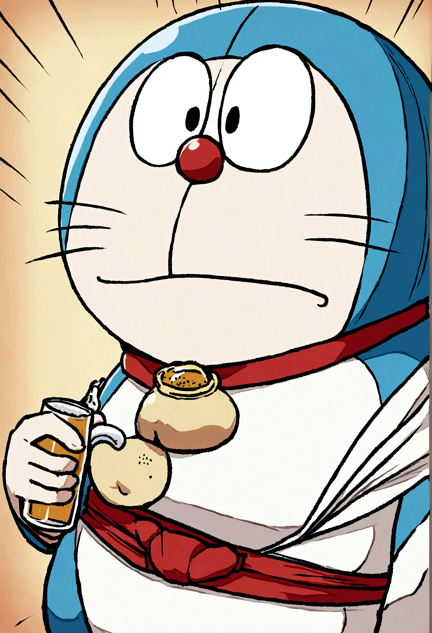 Doraemon,drink beer,Japanese manga style,Background old Japanese era,Companion Bear wears Japanese kimono,Drink together