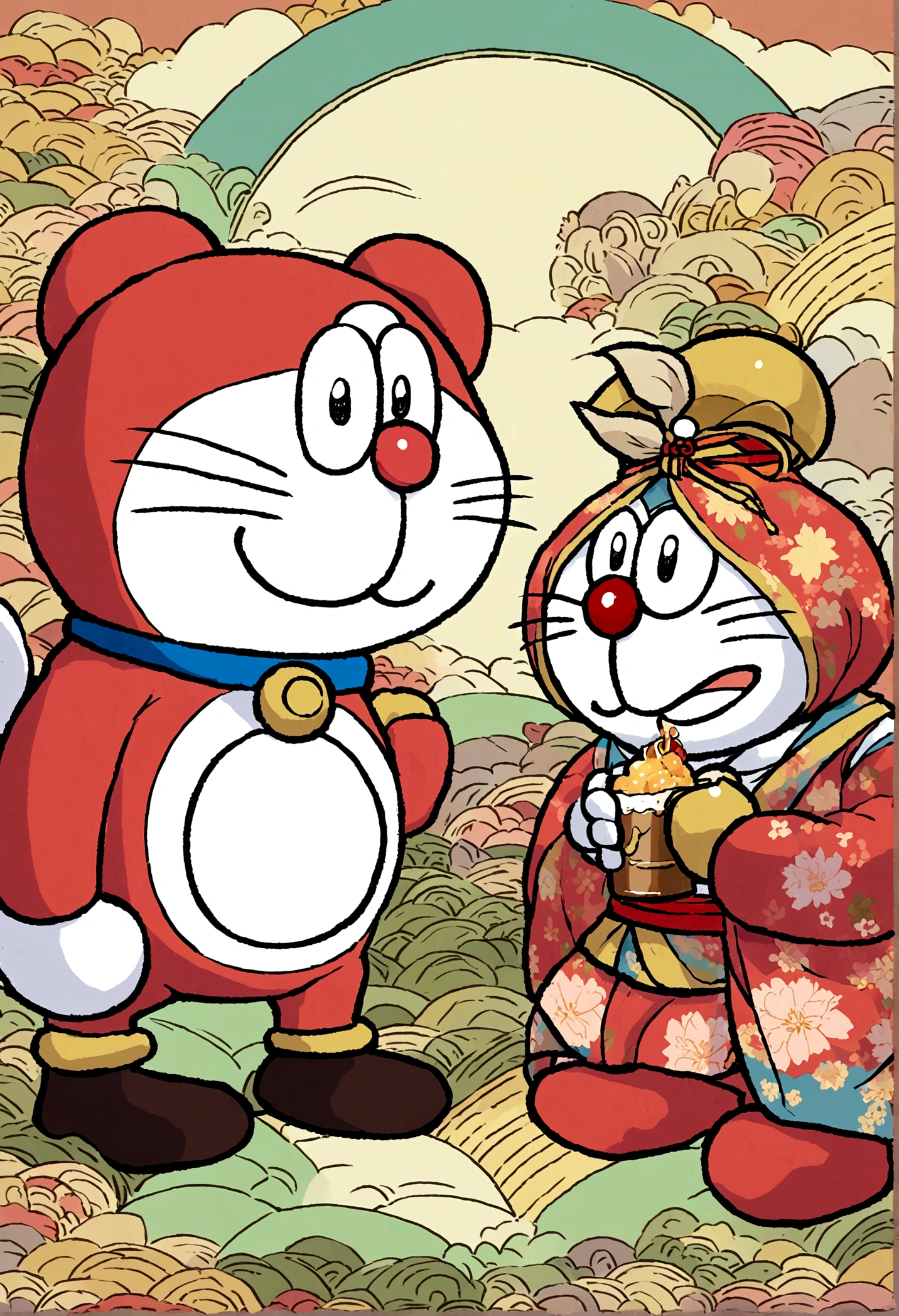 Doraemon，drink beer，Japanese manga style，Background old Japanese era，Companion Bear wears Japanese kimono，Drink together