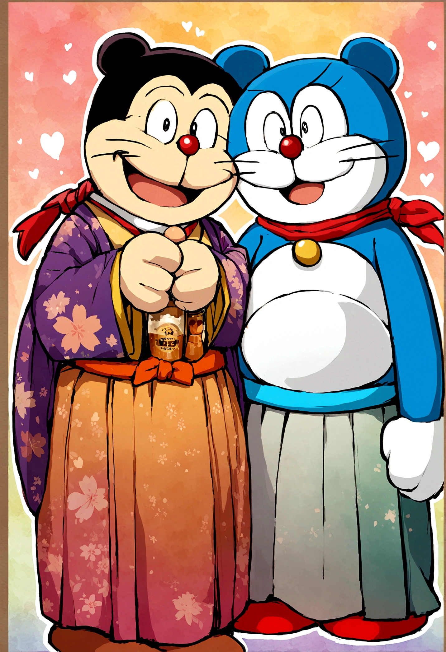 Doraemon,drink beer,Japanese manga style,Background old Japanese era,Companion Bear wears Japanese kimono,Drink together