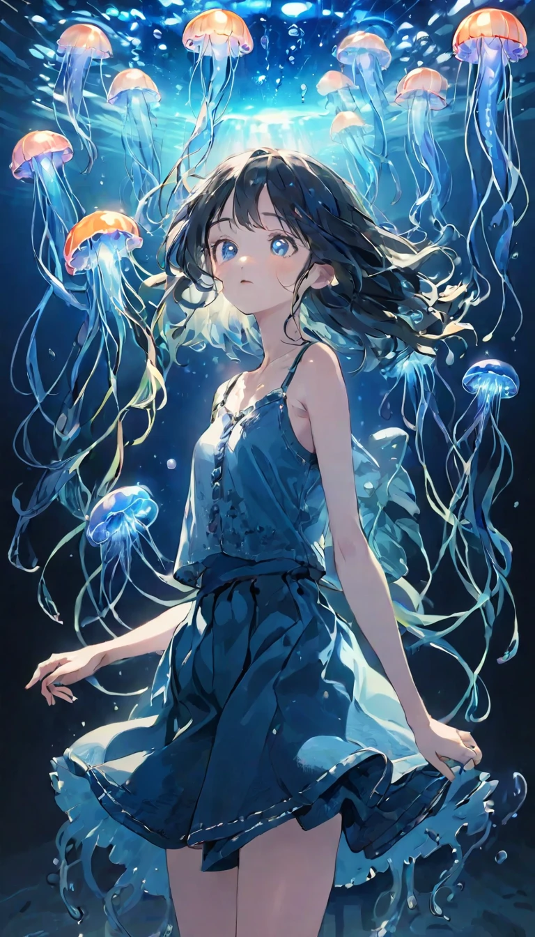 finely detailed illustration, best quality, masterpiece, vibrant color,High resolution、8k、Pitch blackの静寂を演出、Wallpaper Art、Very detailed_face_eye、sharp focus on eyes, 非常に繊細なfaceと肌の質感、Woman looking around、pretty girl、14 years old、camisole、denim hot skirt、Jellyfish floating in the air、Blue glowing jellyfish、Fluorescent jellyfish、Mystical Expressions、Synaptic vesicles、Neuron、Pitch black、The only light source is a jellyfish、
