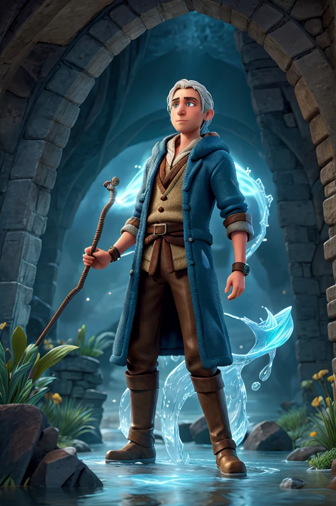 Young water wizard and his staff fighting against old earth wizard and his wand