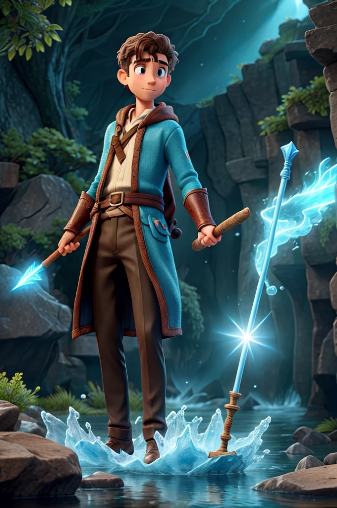 Young water wizard and his staff fighting against old earth wizard and his wand
