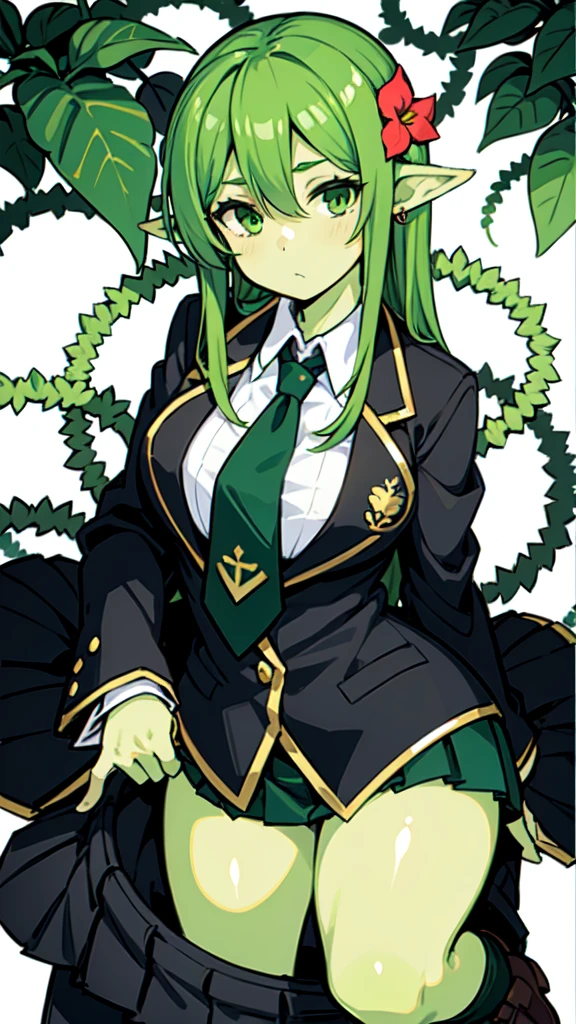 1girl,20s,adult,mature female, alraune,green hair,long hair,flower, vines on body,(greenskin),necktie,black jacket, blazer,long sleeves, skirt,pleated skirt,((upper body)),(simple background,white background)
