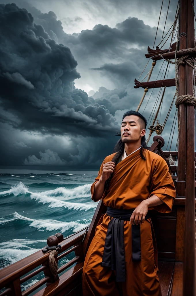 An asian monk wearing traditional clothes mediating eyes closed atop a Viking longship in the stormy seas.