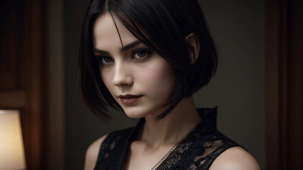 (high quality: 1.3), Cinematic shots, masterpiece, (Sharp focus: 1.5), (Realistic: 1.3), Medium portrait (Beautiful young vampire woman, Pale skin, Gothic, Still proud、intense, Straight black short bob hair, Dark look, Wearing a very finely crafted dark tunic, Dark atmosphere, but、Sculpting shapes with sharp chiaroscuro), It&#39;s night, (Highly detailed skin), (Detailed face),  Detailed Background, Dim lighting, dusk lighting, Volumetric lighting, Intricate details, Ultra-high resolution,