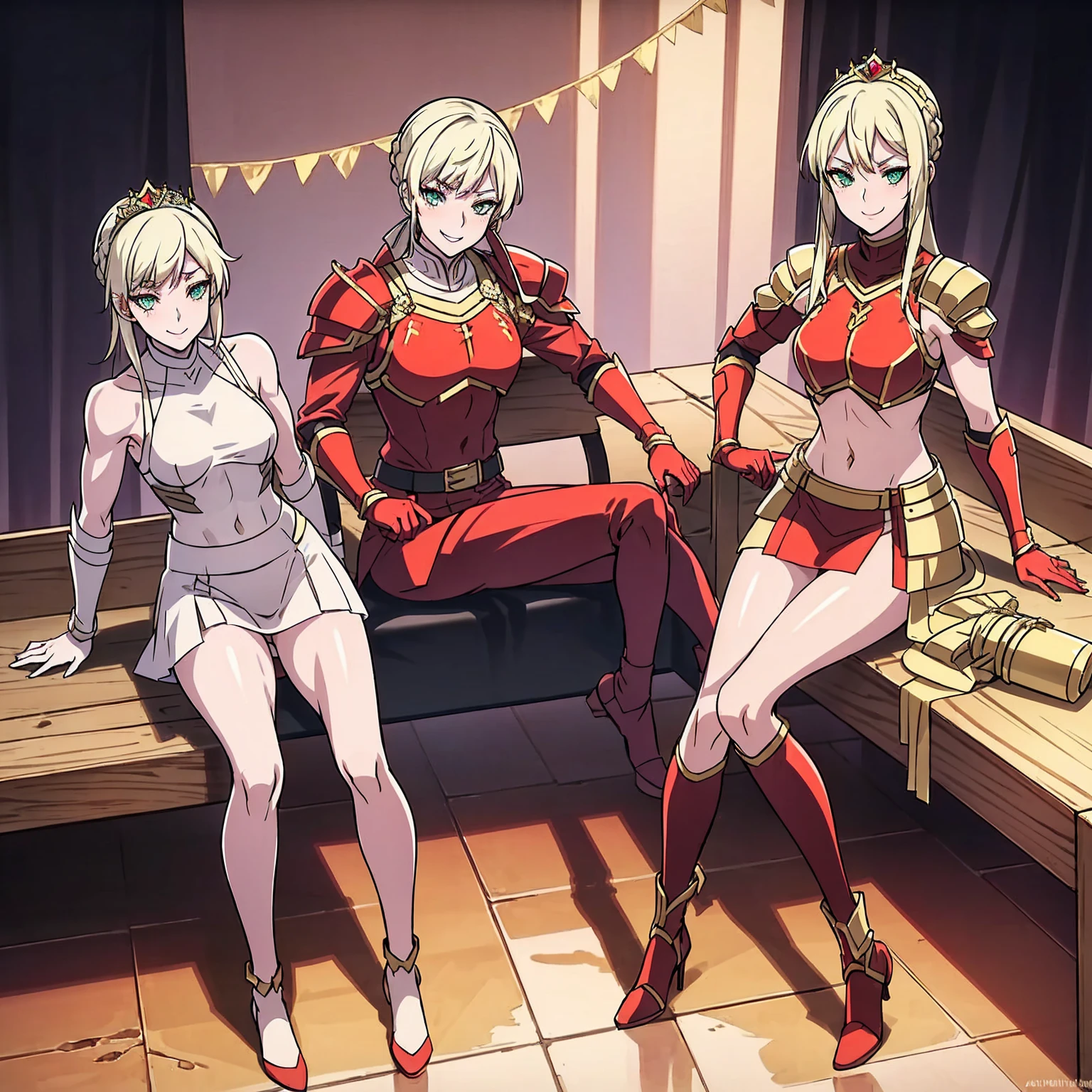 Lancer Artoria body (Alexis Texas Face), elegant adult female, blonde, green eyes (yellow eyelashes) crown, turtleneck, full body sitting on a bench, showing ass to me, RED breastplate, RED skin (1SologirlRED skin:1.2), looking at viewer, shiny, armor, thigh highs, pauldrons shoulder armor, faulds, poleyn, RED gloves gauntlets, rerebrace, RED military armored boots, yordle muscular lean platinum blonde long twin tails hairstyle at the bedroom lustful smirking smile face red blushed, blush, strong abs, female body builder, tiara, twin drills hair, (masterpiece, best quality, ultra detailed, best shadow)