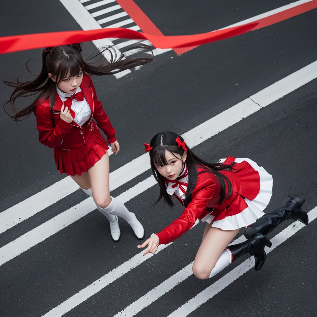 masterpiece, Highest quality,, Maruzensky (umamusume),, Red knee socks, Red jacket, Pleated skirt, Red Skirt, Long sleeve, choker, Red Shirt, Open jacket, White ribbon, Open clothes, High heel boots, Asphalt road, running, Traces of Gaze, Night Sky, neon, From above,, 