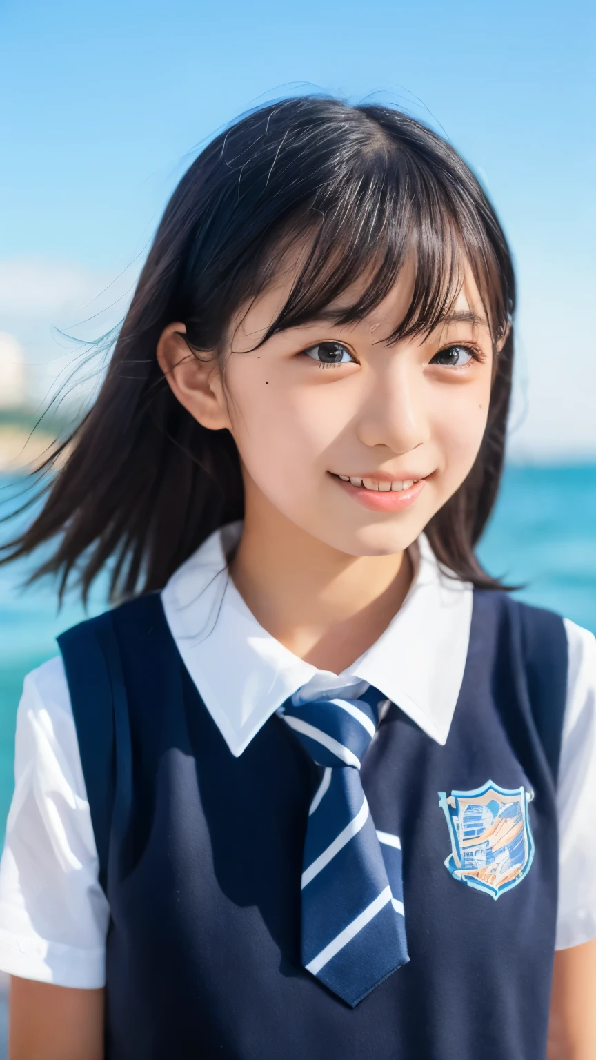 (1 Girl, alone, Japanese Girls), 13 years old,Highest quality, Tabletop, 8K, High resolution, Super detailed, (Portraiture), Recall, Black Hair, short hair, Hair Clip, Shiny skin, Flat Chest, smile,  (Middle school students:1.5, uniform, White collared shirt, bow tie,), summer, blue sky, thunder head, Ocean,