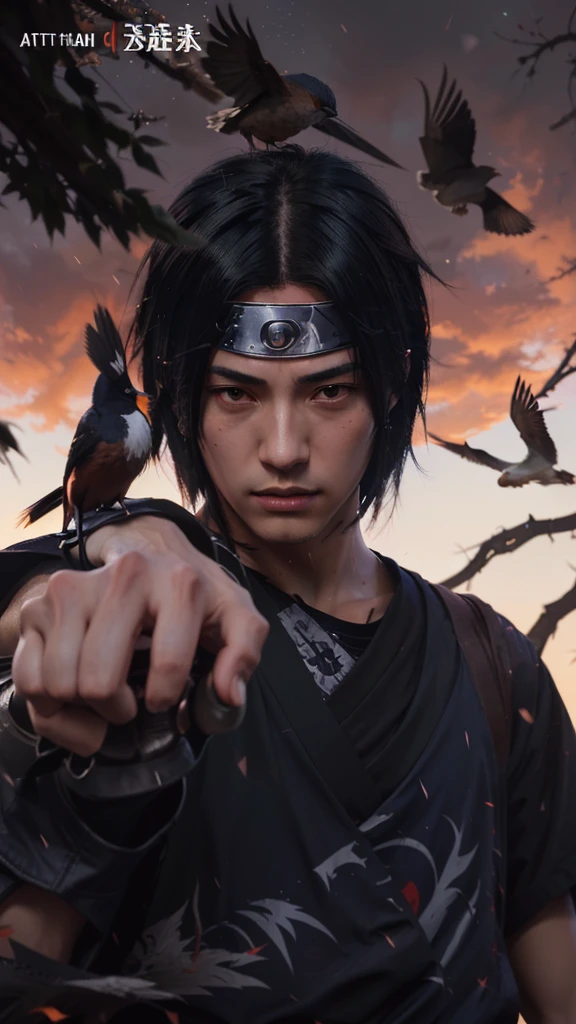 Man character with a sword and a bird in the background, itachi uchiha, itachi, artwork in the style of guweiz, badass 8 k, alena aenami and artgerm, sasuke uchiha, itatchi uchiha, artgerm and atey ghailan,
