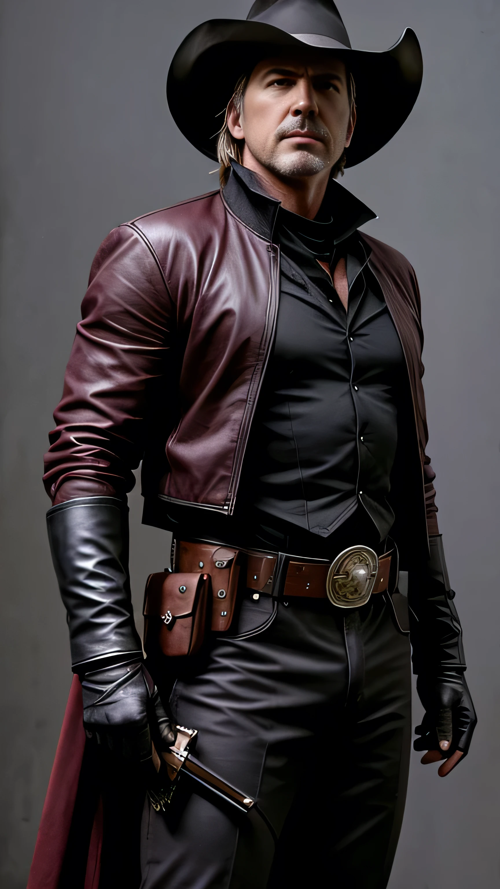 (Kevin Costner) as Erron Black from Mortal Kombat, maroon cowboy outfit, cowboy hat, black ninja mask, (2 revolvers), 1man, solo, full body view, front view, looking at viewer, intricate, high detail, sharp focus, dramatic, photorealistic painting art by greg rutkowski