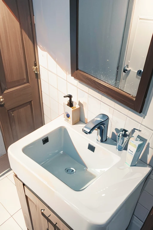Disney Pixar style, zoom in on the bathroom sink faucet that is open, realistic, 8k