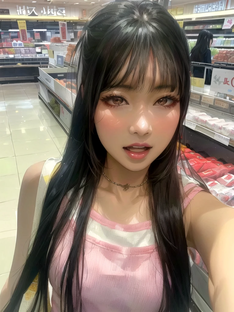 Asian woman in her fifties with long black hair in a grocery store, Ulzzang, Larisa Manovar, 8K Selfie, Jaeyoung Nam, One adorable Korean face, Lalisa Manoban of Blackpink, Shin Jinyoung, 8K)), shikamimi, Hime cut, With bangs, Mongen, sakimichan