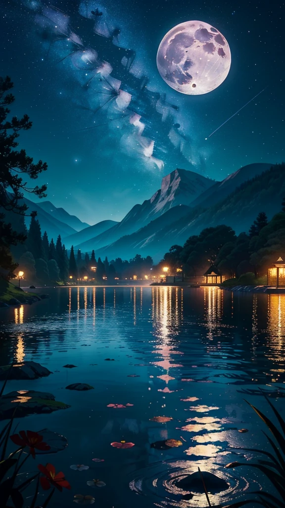 master part, gorgeous, Landscape, (((DDIM_HumaDDIMs))), Noite, flor, Jardim, Starry sky, constellations,((Full Moon)) , atordoante, vista, water, quente, aconchegante, peaceful, Meteoro, cosmico, Magic, magia, particuls, Justo, ((Pirilampos))