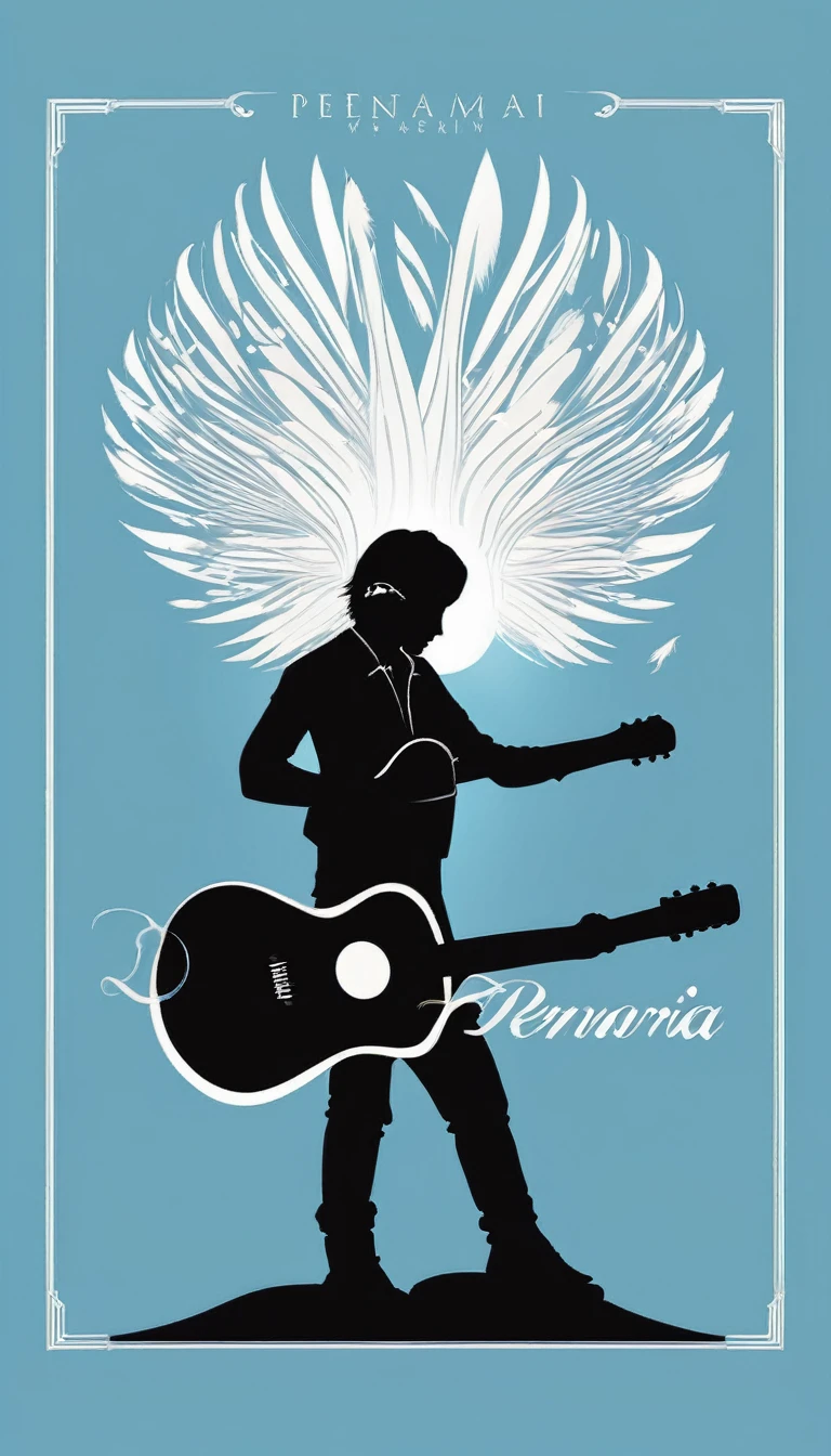 A minimal, modern, simple, cinematic logo design for the brand “Penamemoria". The logo design must be a simple, silhouette of a boy, standing up, playing acoustic guitar and fantasy feather by his side. The logo must convey a sense of music, stories, memories and dreams. Logo design impressed on a book cover. Minimalistic logo. Light blue, white and soft golden as colors for the logo design