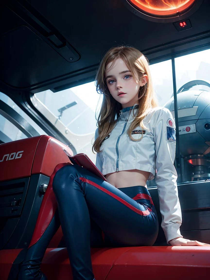 beautiful  emma watson dressed in a plugsuit of evangelion blonde. freckles. sparkly blue eyes that speak of innocence and acceptance. Slender frame and beautiful figure. tight red pants. crop top. reading while sitting outside a spaceship. sci-fi.
