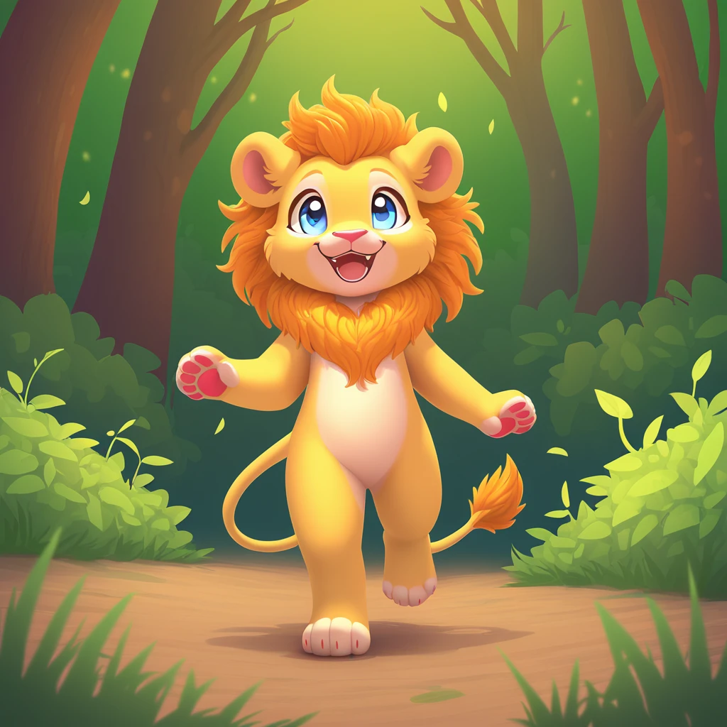 Little lion walking in the forest，Happy，Can be cute love