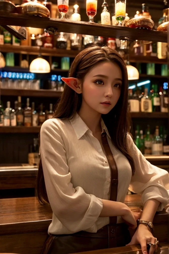 (Elf beautiful girl)、Standing at the bar counter、Otherworldly atmosphere、Warm interior lighting、Chaotic atmosphere、