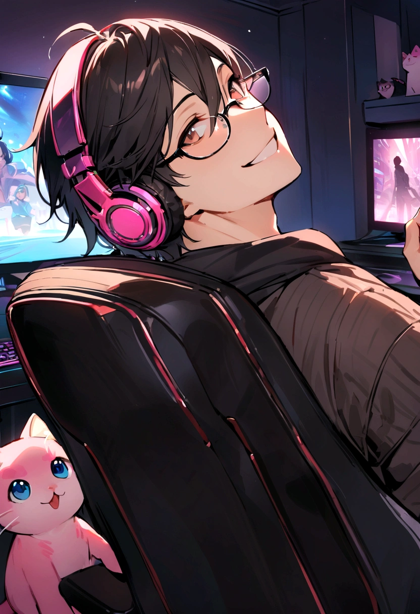((best quality)), ((masterpiece)), (detailed), a young man. Male sitting in a gaming chair in front of a pc. Has black hair and brown eyes. Wearing glasses. Smiling. Looking up. Wearing pink cat ear headphones. Has a gaming bedroom in the background