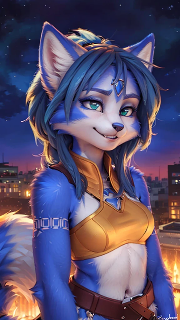 A beautiful and detailed (sweet portrait) wa ((Krystal)), Star Fox Krystal, sslim, lovable, green eyes, medium breasts, (((Long blue hair 1.3))), Decollete, grin, look up,, anthro, furry, Uploaded E621, detailed fluffy fur, (wa Fluff-Kevlar, Bayard Wu, Personalami, Pino Daeni), detailed face, (fluffy), 1 girl, alone, sweet girl, 
