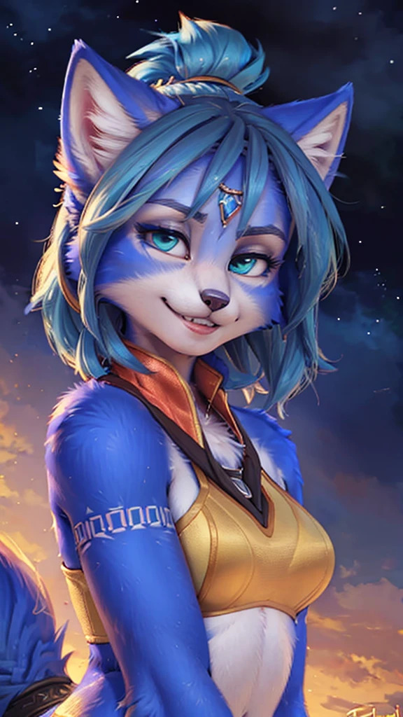 A beautiful and detailed (sweet portrait) wa ((Krystal)), Star Fox Krystal, sslim, lovable, green eyes, medium breasts, (((Long blue hair 1.3))), Decollete, grin, look up,, anthro, furry, Uploaded E621, detailed fluffy fur, (wa Fluff-Kevlar, Bayard Wu, Personalami, Pino Daeni), detailed face, (fluffy), 1 girl, alone, sweet girl,