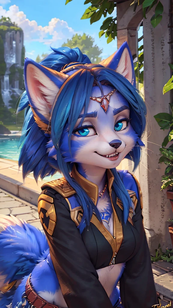 A beautiful and detailed (sweet portrait) wa ((Krystal)), Star Fox Krystal, sslim, lovable, green eyes, medium breasts, (((Long blue hair 1.3))), Decollete, grin, look up,, anthro, furry, Uploaded E621, detailed fluffy fur, (wa Fluff-Kevlar, Bayard Wu, Personalami, Pino Daeni), detailed face, (fluffy), 1 girl, alone, sweet girl, 
