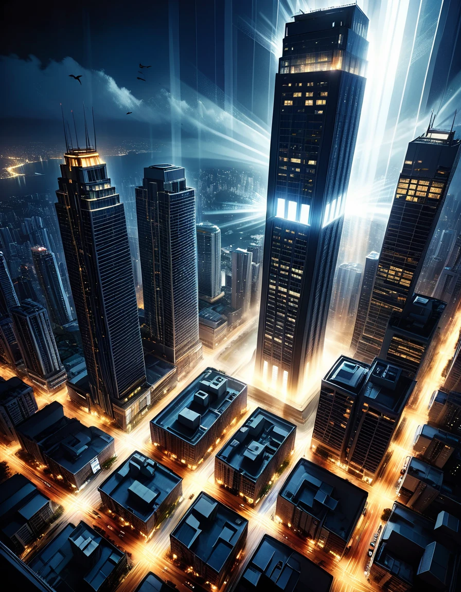 (outside of a skyscraper),light beams should be clearly visible, highlighting the dusty air, night, dark,
the light is only from a skyscraper, tropical, top view, palm, ((bird's-eye view)),
skyscraper, fog, tropical island, ((illuminated window with bright light streaming out)), casting rays that penetrate the darkness, graphic style of novel comics, 2d, 8k, hyperrealism, masterpiece, high resolution, best quality, ultra-detailed, super realistic, Hyperrealistic art, high-quality, ultra high res, highest detailed, lot of details, Extremely high-resolution details, incredibly lifelike, colourful, soft cinematic light,
