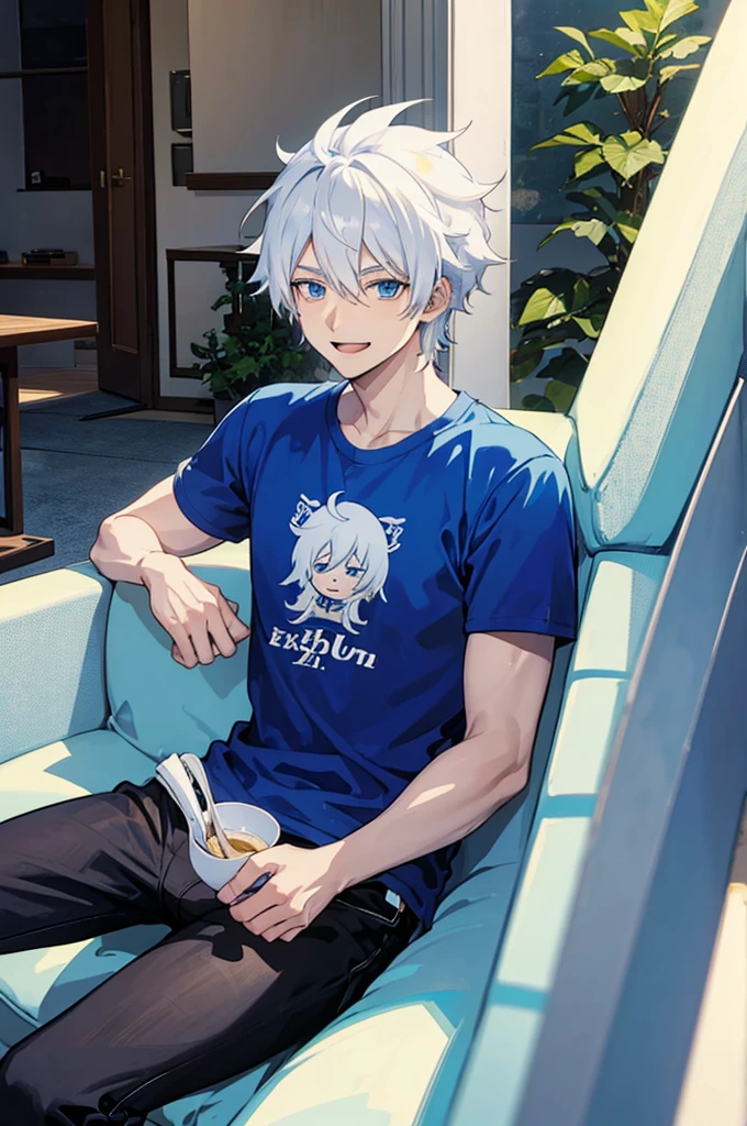 25 years old anime man with white hair, sitting on a couch, laughing Wearing a Blue t-shirt 